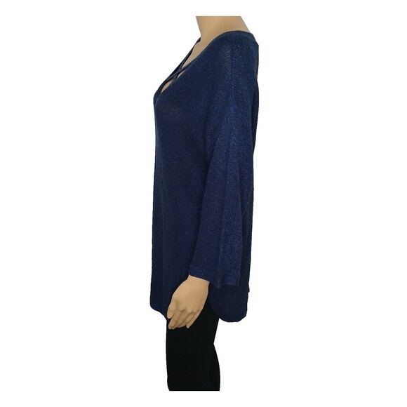 Westport Womens Large Blue Shimmer Criss Cross Front 3/4 Sleeve Tunic Knit Top - Picture 3 of 6